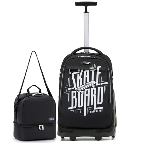 NEW TILAMI 19 Inch Rolling Backpack with Lunch Bag for Girls Boys Wheeled Laptop Backpack Durable Carry-on Bag School Travel, Skate Board - color: Black Skate Board