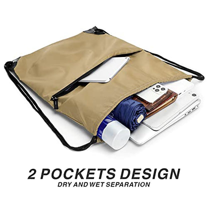 Drawstring Backpack Sports Water Resistant String Bag Sport Gym Sackpack for Women Men Large with Zipper, Khaki - color: Khaki