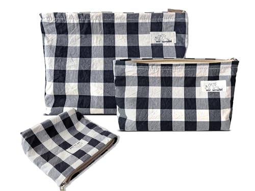 HAPPYHEIDI Cotton Black White Checker Makeup Bag Set 3 with Compartment Cosmetic Toiletry Travel Pouch,Purse Accessory Organizer, 3-Size, Canvas Lined - color: Cotton Checker Set of 3 - w Compartment
