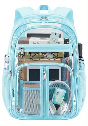 Cusangel XL TPU Clear Backpack Heavy Duty for Stadiums,18in School Bookbag Teens 15Ages+ boys Girls and Adults Multi-Pocket Design & Reinforced Stitching(Aqua-18inch) - color: Aqua-18inch