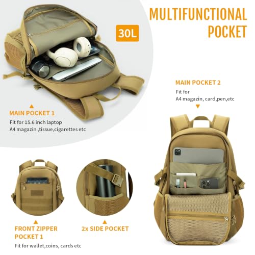 HUNTVP 30L Tactical Backpack Military MOLLE Backpack Rucksack Gear Tactical Assault Pack for Hunting Camping Trekking (30L-Dark Brown) - color: Dark Brown, size: 30L