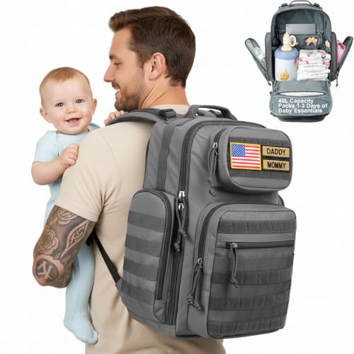 MIRACOL Diaper Bag Backpack for Men: 40L Heavy-Duty Tactical Style Dad Baby Bag with 16+ Pockets - MOLLE Webbing and Organized Storage for Travel & Weekend Adventures (Grey) - color: Grey