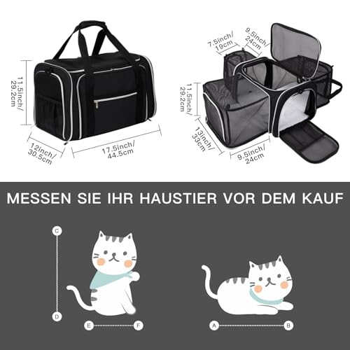 BAGLHER Cat Carrier Bag,Airline Approved Pet Carrier Soft Side Pet Travel 5 Sides Open Doors 3 Sides Expandable Foldable Dog Carrier with Fleece Pad - color: Black, size: 17.5"L x 12.0"W x 11.5"H