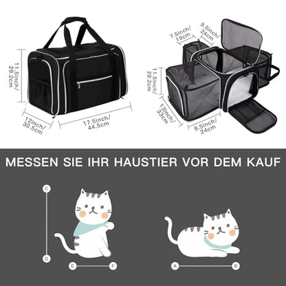 BAGLHER Cat Carrier Bag,Airline Approved Pet Carrier Soft Side Pet Travel 5 Sides Open Doors 3 Sides Expandable Foldable Dog Carrier with Fleece Pad - color: Black, size: 17.5"L x 12.0"W x 11.5"H