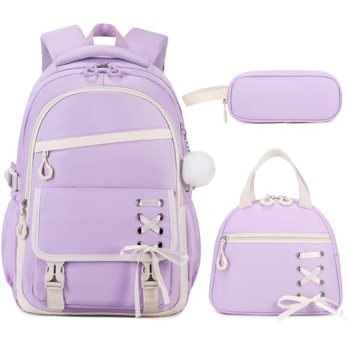Scothen 3PCS Girls Backpack for School, Kids Backpack for Girls with Lunch Bag Pencil Case, Kids Bookbag Teen Backpacks for Elementary Middle High School (Purple) - color: Purple