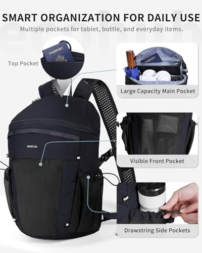 ECOHUB 15L Lightweight Casual Daypack, Packable Backpack for Daily Use, Hiking & Travel, Foldable Small Backpack with Stretch Mesh Pockets, Water-Resistant Nylon, Reflective Design - color: Black