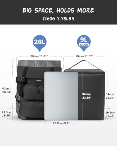 Odoland 2-in-1 Cooler Backpack with Removable Insulated Bag, 26L Leak-Proof Dry Wet Separation Backpack with 9L Cooler (20 Cans) for Beach Picnic Camping Day Trip, Lunch Diaper Bag for Men Women - color: Black