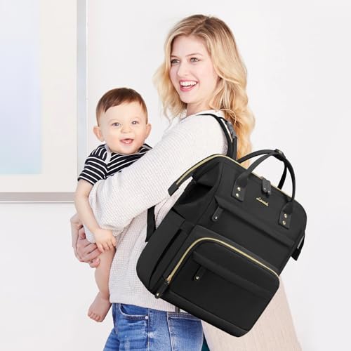 LOVEVOOK Diaper Bag Backpack, Baby Bag with Changing Station, Large Diaper Backpack for Moms Dads, Waterproof Leather Accents Baby Boy and Girl Bag for Travel Baby Essentials, Black - color: Black