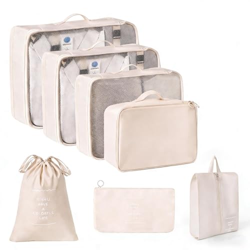 Compression Packing Cubes 7-Piece Set, Lightweight Travel Organizer Bags with Mesh Cubes, Underwear Cube, Shoe Bag, Laundry Bag and Pouch, Carry-On and Cruise Essentials