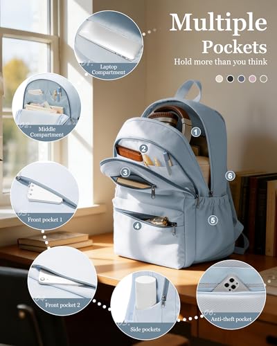 Lightweight School Backpack for Women Men, Multi Pocket Backpack for College Students, Waterproof Middle School Bags, Simple Bookbag for Teens Girls Boys, Blue - color: Blue