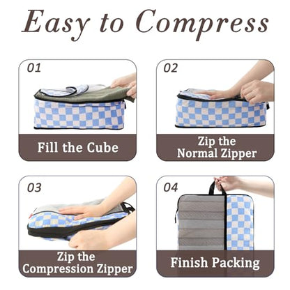 U+U 6 Set Compression Packing Cubes - Ultralight Travel Organizers with Laundry Bag, Space-Saving Suitcase Organizer for Travel, Business Trip and Family Vacation (Blue Checkered)