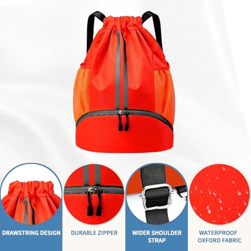 Drawstring Backpack Gym Bag with Shoe Compartment - Ideal for Basketball, Swimming, Beach Activities, Unisex - color: Red