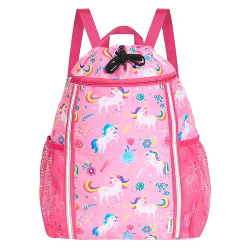 WAWSAM Drawstring Backpack for Kids, Unicorn Kids Drawstring Gym Bag for Girls, Waterproof Swim Bag for Beach String Cinch Backpack with Two Mesh Water Bottle Pocket - color: Unicorn