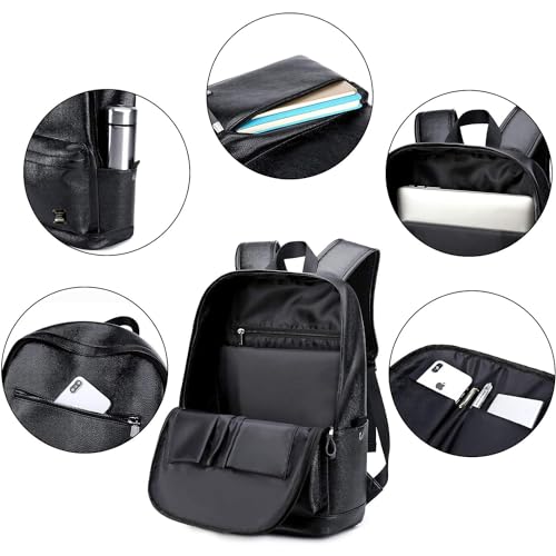weiatas Black Leather Laptop Backpack for Men Women Work Travel, College School Backpack Casual Daypack fits 15.6 Inch