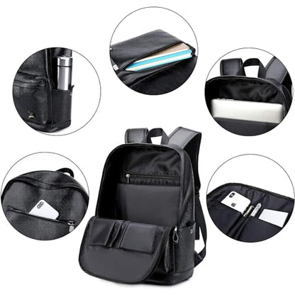 weiatas Black Leather Laptop Backpack for Men Women Work Travel, College School Backpack Casual Daypack fits 15.6 Inch