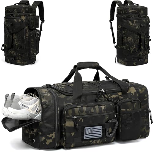 3 in 1 Tactical Travel Duffle Bag Backpack for Men Women 40-45L Expandable Gym Bag & Sport Duffel Bags for Travel with Shoe Compartment & Wet Pocket, Weekend Overnight bag for Caming, Camo - color: Camo