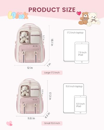 LOVEVOOK Cute School Backpack for Girls Ages 8-14, Bookbag with Plush Bear & Clear Display Pocket, Fits 15.6 Inch Laptop & 40oz Tumbler, Back to School Backpack for Elementary & Middle School - color: Purple / Off-white