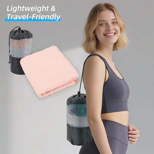 YESLIFE Non-Slip Extra Thick Hot Yoga Towel with One Sweat Towel, Microfiber Sweat Absorbent Yoga Mat Towel with Grip Dot, Pilates Mat, 72" x 24", Pink - color: Pink