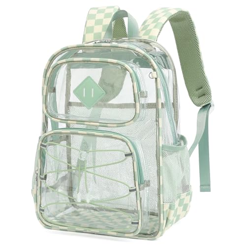 Clear Backpacks for Girls Women, Heavy Duty PVC Transparent Back Pack See Through Boys Kids Clear Bookbags for School Checkered Green - color: Checkered Green