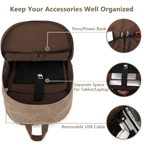 Canvas Laptop Backpack, Waterproof School Backpack With USB Charging College - color: Coffee