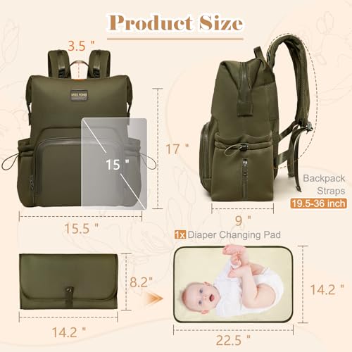 miss fong Diaper Bag Backpack - Baby Diaper Bag Neoprene Bag Large Capacity Neoprene Backpack with Diaper Changing Pad with 12 Pockets Pañaleras Para Bebe Baby Bag for Mom & Dad -Green - color: Green