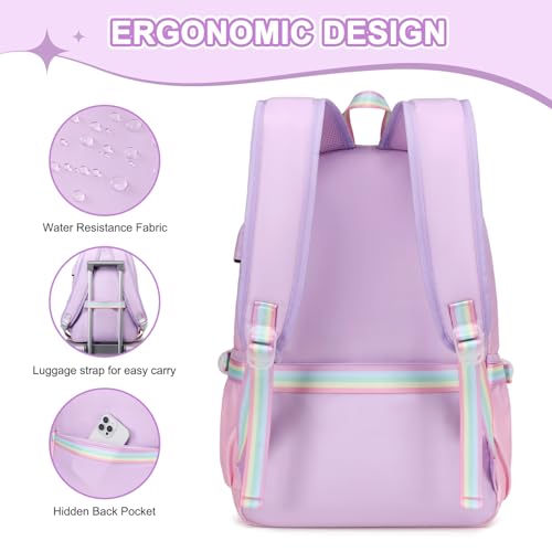 Scothen Backpacks for Girls, Girls Backpack with Lunch Box & Pencil Pouch for Teens Girl Kids Elementary Middle High School College Student Bookbag Daypack Laptop Travel Backpack for Women - color: Purple Pink