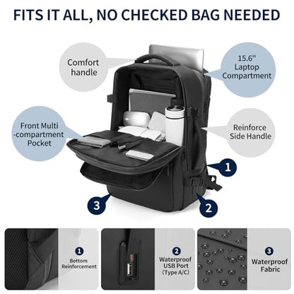 Travel Backpack for Men, 18 Inch Carry on Laptop Backpack with USB A/C Port, 40L Expandable TSA Flight Approved Bag Pack, Black, Black - color: Black