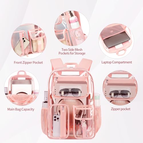 Pink See Through Backpack For Women, Clear Backpack Heavy Duty,Clear BookBag,16 x11 x5inch TPU Large Capacity for School,stadium events, Sport Events,Travel,mochila transparente para mujer (Pink) - color: Pink