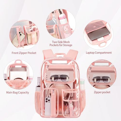 Pink See Through Backpack For Women, Clear Backpack Heavy Duty,Clear BookBag,16 x11 x5inch TPU Large Capacity for School,stadium events, Sport Events,Travel,mochila transparente para mujer (Pink) - color: Pink
