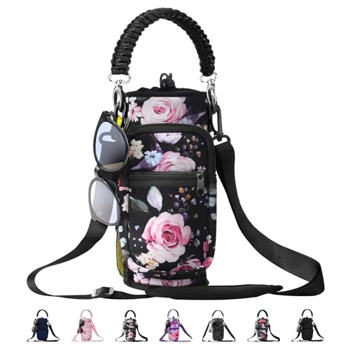 AceTreker 32/40/64/87/128 oz Water Bottle Carrier Bag, Neoprene Water Bottle Sleeve with 4 Pocket, Sport Water Holder with Paracord Handle and Shoulder Strap for Walking Hiking Camping Gym - color: 04.Black Flower, style: 16-40 Oz