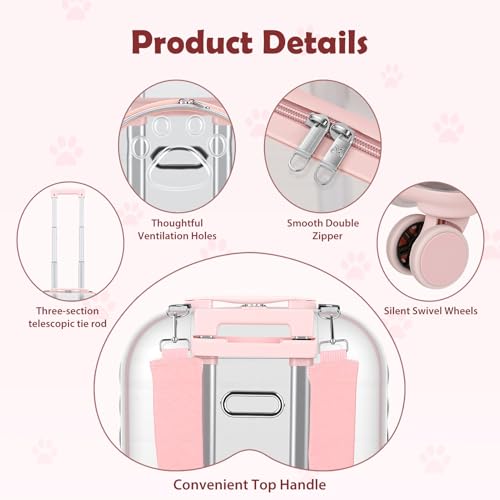 Cat Carrier Backpack with Silent Wheels, Clear Cat Stroller with Ventilation Holes, Telescopic Handle, Convenient Portable Cats Dogs Backpack for Travel (Light Pink-B) - color: Light Pink-B