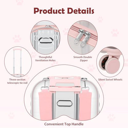 Cat Carrier Backpack with Silent Wheels, Clear Cat Stroller with Ventilation Holes, Telescopic Handle, Convenient Portable Cats Dogs Backpack for Travel (Light Pink-B) - color: Light Pink-B