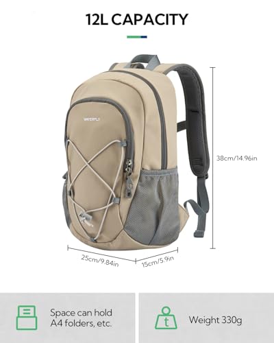 WATERFLY 12L Small Hiking Backpack: Day Pack Lightweight Travel Bag Camping Fitness Cycling Outdoor Sports Daypack For Women Men - color: Khaki
