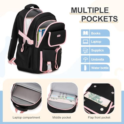 DIGOBAY Backpacks for Girls, 3PCS School Backpack with Lunch Box Pencil Pouch for Teen Girls Kids Elementary Primary Middle High College School Bookbag Set （Black-Pink） - color: Black-pink
