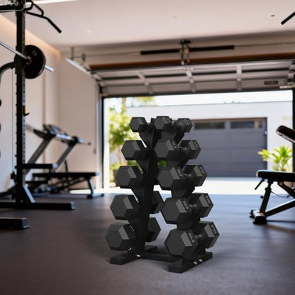 PAPABABE Dumbbell Set Rubber Encased Hex Dumbbell Free Weights Dumbbells Set Home Weight Set- 140 lb Set (Pair of 5, 8, 10, 12, 15, 20 lb with Rack)