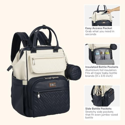 BabbleRoo Leather Diaper Bag Backpack, Multifunction Large Bags with Changing Pad & Stroller Straps Pacifier Case, Unisex Stylish Travel Back Pack Nappy for Moms Dads (Blueberry Cream) - color: Vegan Leather, Blueberry Cream