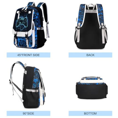 Bevalsa Backpack for Boys, Cool Luminous Boys Backpack with Sling Bag, Lunch Box & Pen Case, School Bags for Kids Children Teens Elementary Middle Schools, Bookbag Glow In The Dark (Blue Game) - color: Blue Game