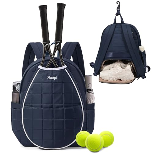 Sucipi Tennis Bags for Women, Quilted Tennis Racket Bag Backpack for Tennis Racquet, Pickleball Paddles, Badminton - color: Blue & White, size: Large with Shoe Compartment