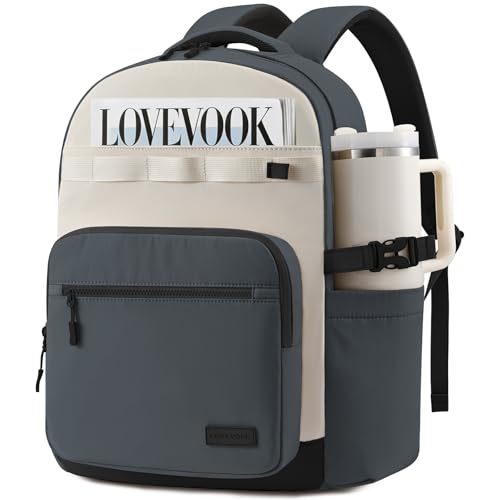 LOVEVOOK Laptop Backpack for Women with 40oz Tumbler Holder, Lightweight School Backpack Fits 15.6 Inch Laptop, Cute College Backpack for Work, Travel & Daily Commute - color: Gray/White/Black, size: 15.6 Inch
