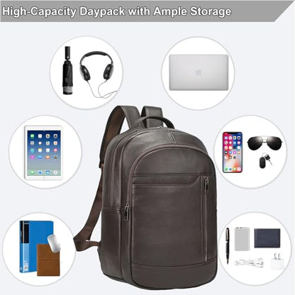 Large Capacity Genuine Leather Backpack for Men, 15.6 Inch Laptop Daypack Business Travel Shoulder Bag, Brown - color: Y80-16y-brown