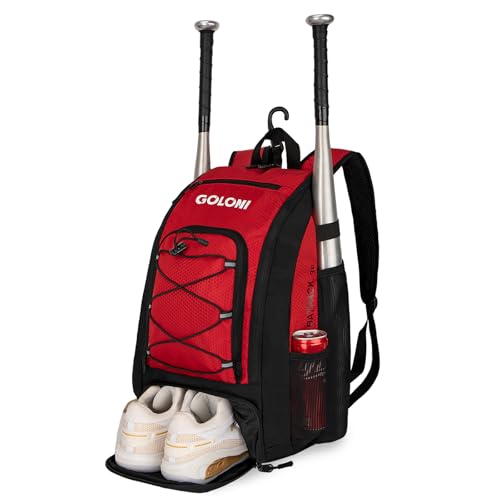Goloni 40L Baseball Bag, Softball Bat Bag with Shoes Compartment,Fence Hook,Backpack for Baseball, T-Ball & Softball Equipment & Gear - color: Red