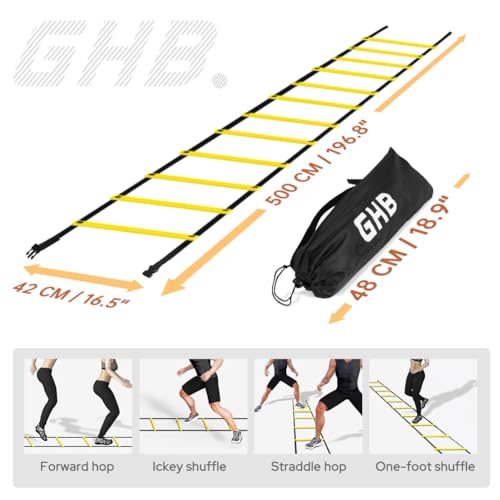 GHB Pro Agility Ladder Agility Training Ladder Speed 12 Rung 20ft with Carrying Bag - color: Yellow-2 Pack