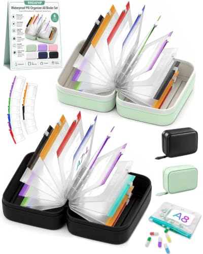 Waterproof Pill Organizer A8 Binder Set Pill Pouches for Travel 14PCS Bags Inside Large Zippered Pouch Bpa-Free Weekly Medicine Air Tight Pocket Color-Coded Reusable Travel Storage System - color: 2pcs-a