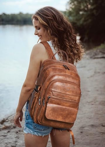 Vegan Leather Backpack, TSA Travel Backpack for Men and Women, Fits 17.0 Inch Notebook with Luggage Strap and USB Port, Brown - color: Brown