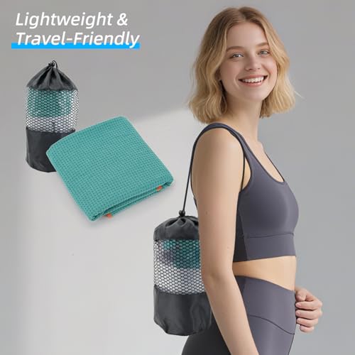 YESLIFE Non-Slip Extra Thick Hot Yoga Towel with One Sweat Towel, Microfiber Sweat Absorbent Yoga Mat Towel with Grip Dot, Pilates Mat, 72" x 24", Cyan - color: Cyan