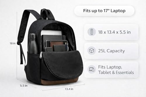 TRAILKICKER Black School Backpack, 17 Inch Laptop Backpack for College, Work & Travel, Lightweight Water-Resistant 25L Bookbag with Side Pockets - color: Black