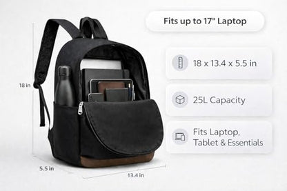 TRAILKICKER Black School Backpack, 17 Inch Laptop Backpack for College, Work & Travel, Lightweight Water-Resistant 25L Bookbag with Side Pockets - color: Black