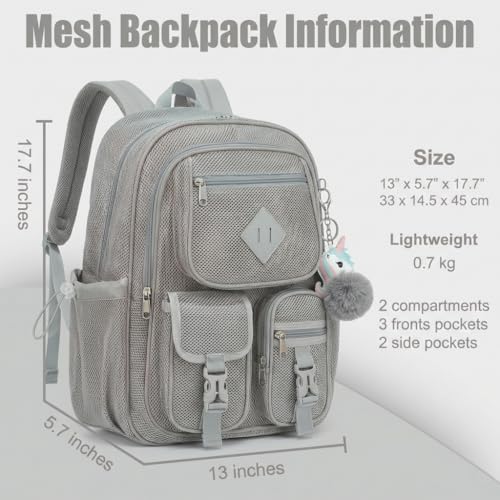 Mesh Backpack for Girls Boys, Heavy Duty Semi-Transparent Mesh Bookbag Womens Mens for School, Sports, Beach, Swimming, Travel - Light Grey - color: Light Grey
