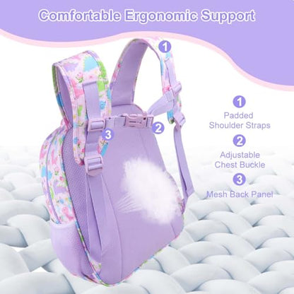 RHCPFOVR Kids Backpack for Girls - Girls Backpack 3-8 Ages Dinosaur for Kids 15 Inch School Bookbag for Kindergarten Elementary School Bookbag for Girl 1st 2nd Grade - style: Purple Dinosaur