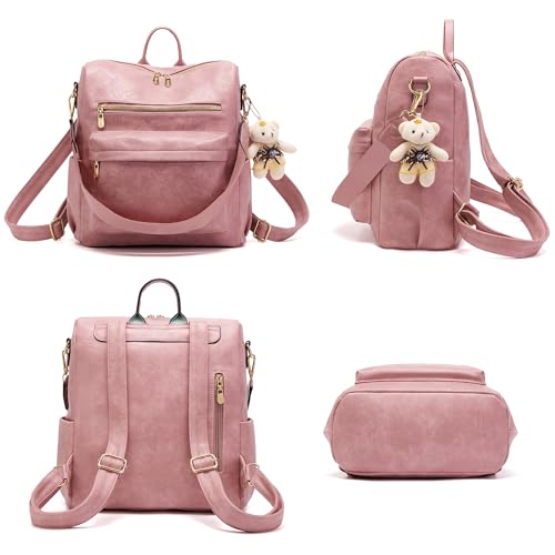 Soperwillton Women Backpack Purse Multipurpose Design Handbags Shoulder Bag PU Leather Travel bag Backpack Set 2pcs - color: Pink